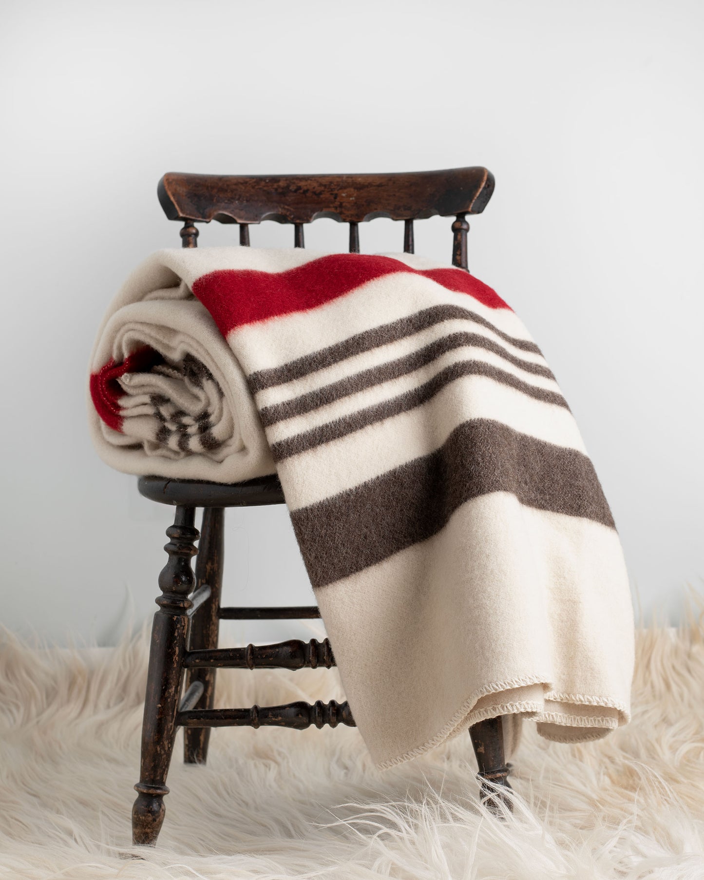 100% Wool Heavyweight Blanket - Natural White, Brown & Red Stripes