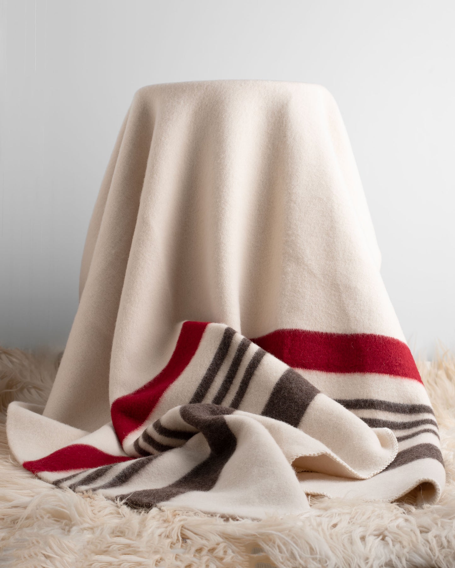 100% Wool Heavyweight Blanket - Natural White, Brown & Red Stripes