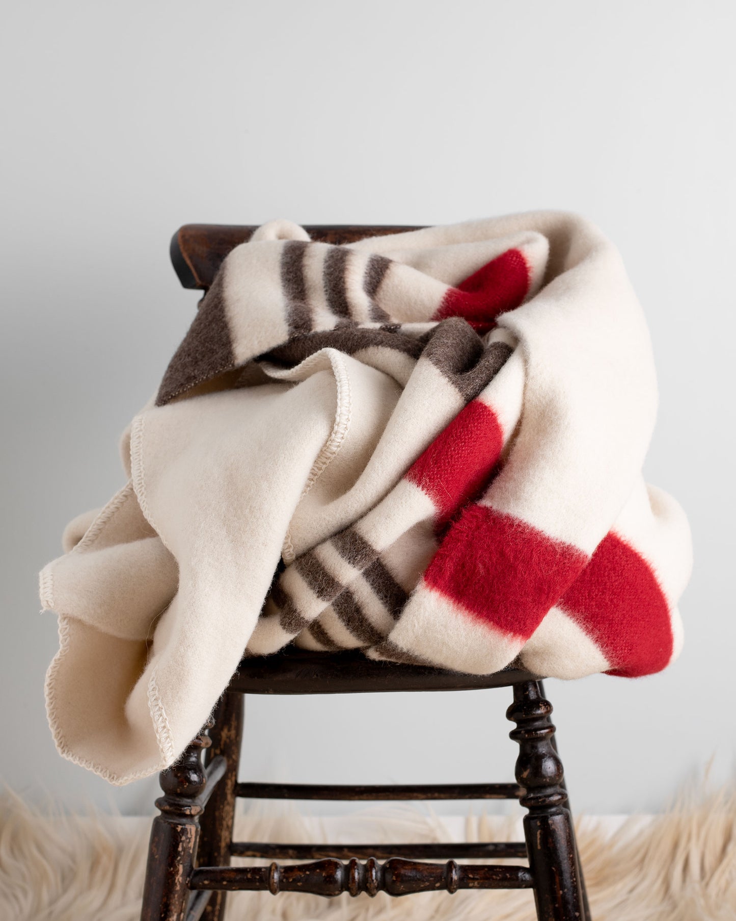 100% Wool Heavyweight Blanket - Natural White, Brown & Red Stripes