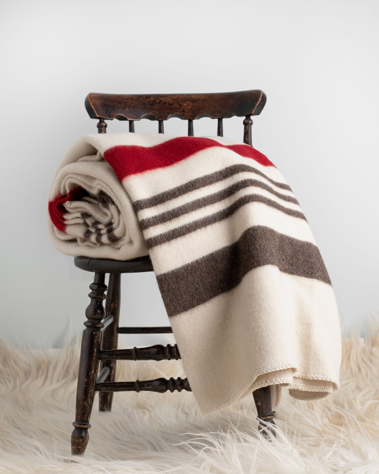 Pure New Wool Heavyweight Blanket - Natural White, Brown & Red Stripes