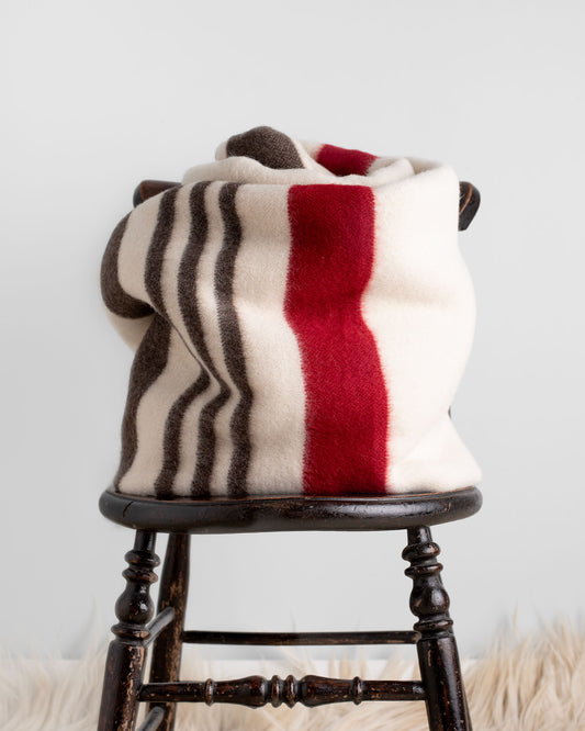 Pure New Wool Heavyweight Blanket - Natural White, Brown & Red Stripes