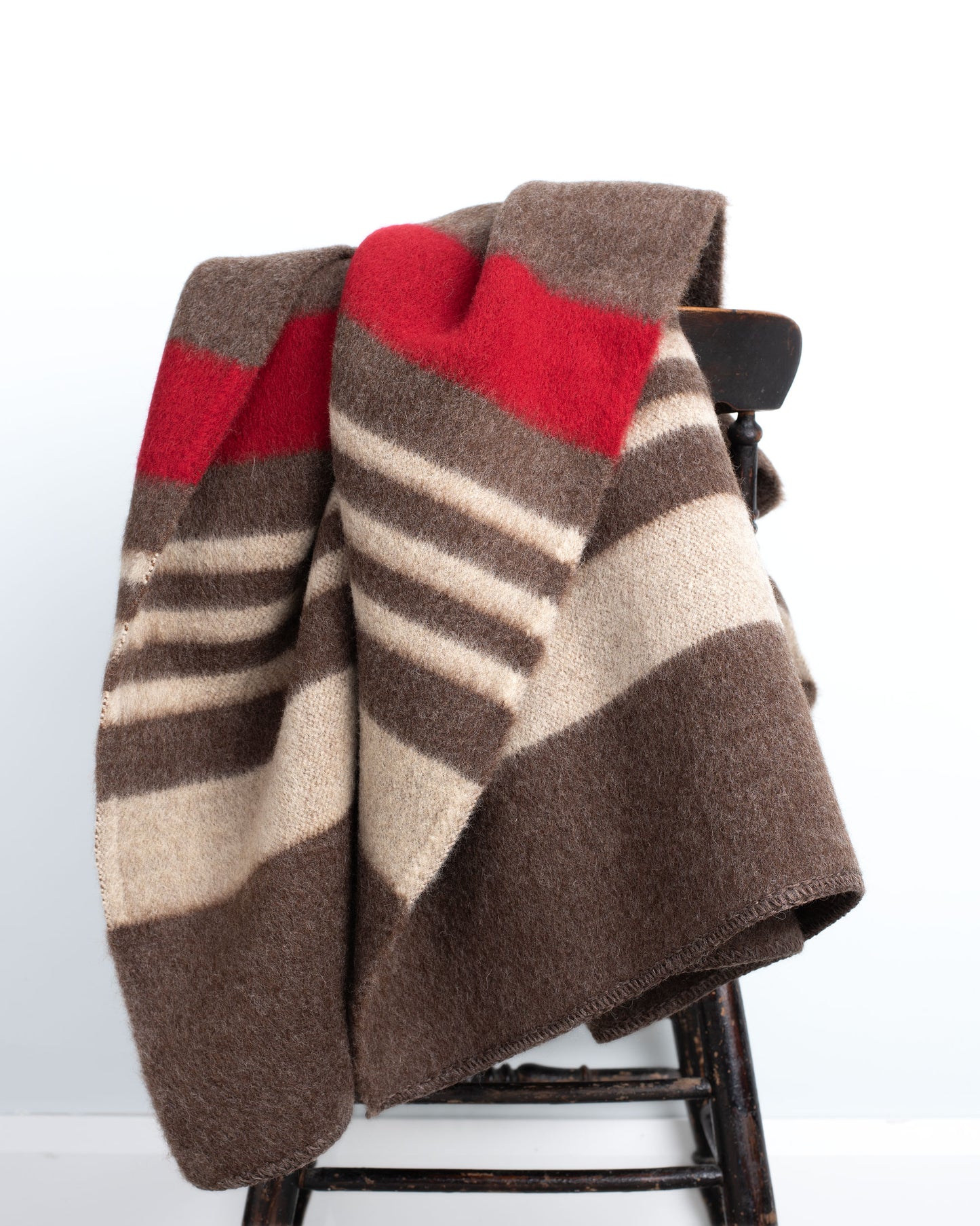 100% Wool Heavyweight Blanket - Natural Brown, Beige & Red Stripes