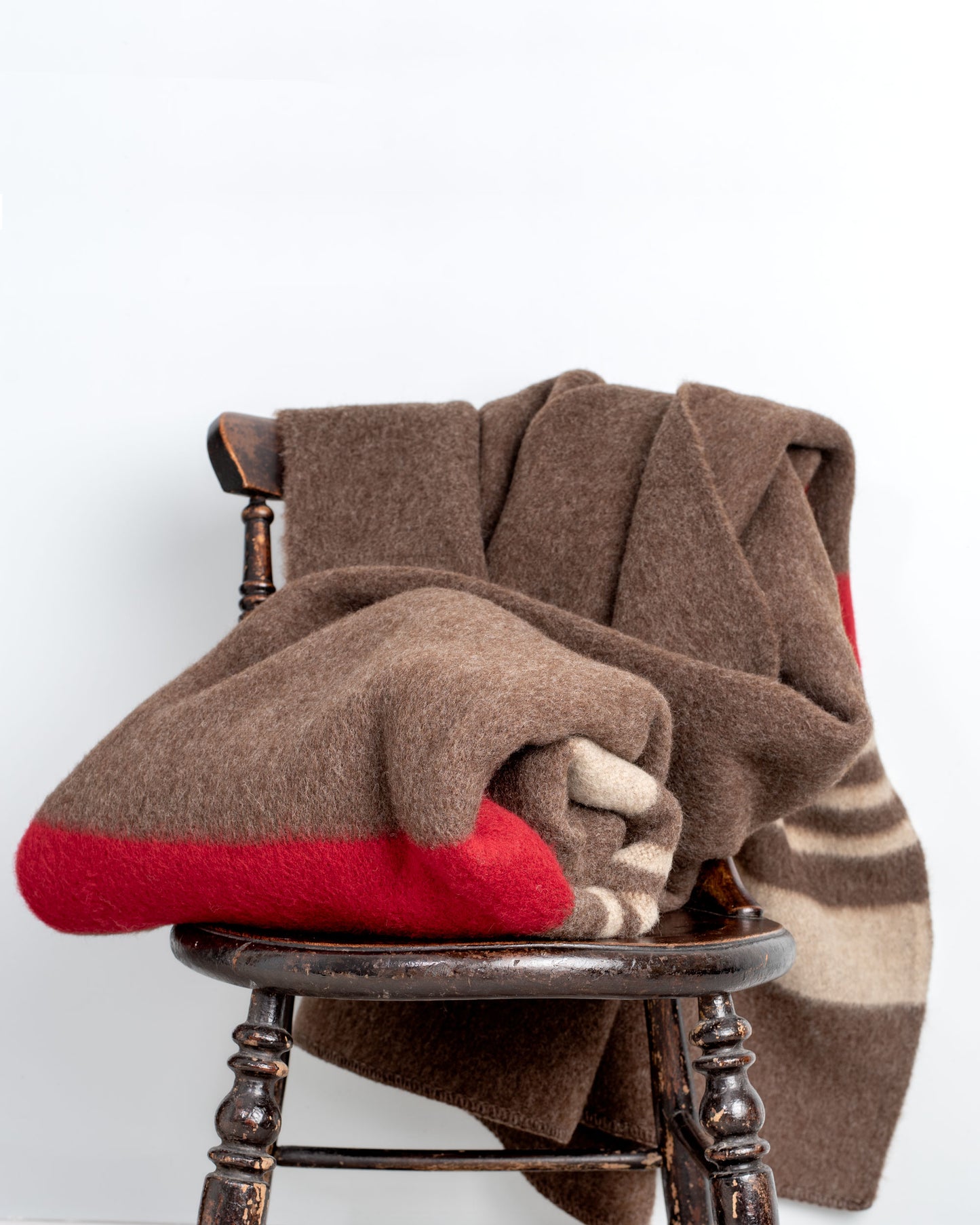 100% Wool Heavyweight Blanket - Natural Brown, Beige & Red Stripes