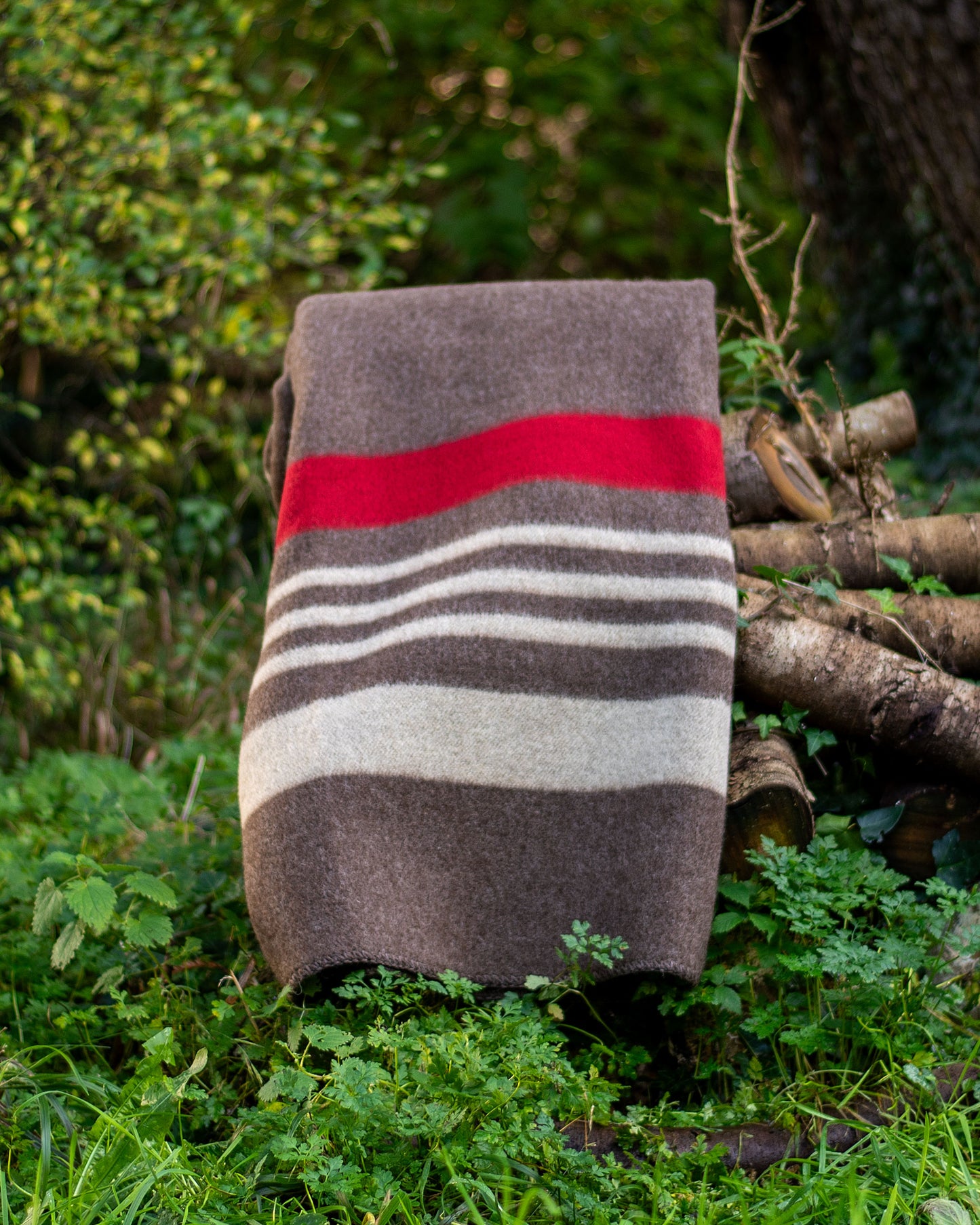 100% Wool Heavyweight Blanket - Natural Brown, Beige & Red Stripes