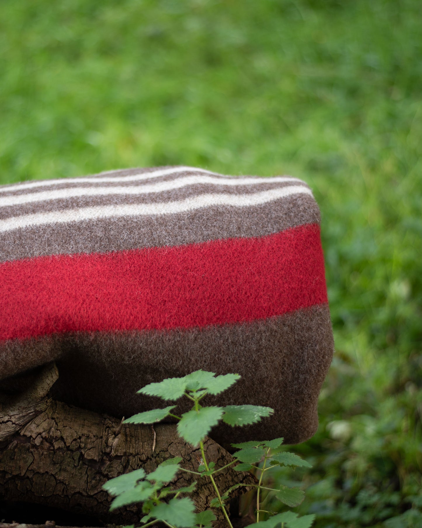 100% Wool Heavyweight Blanket - Natural Brown, Beige & Red Stripes