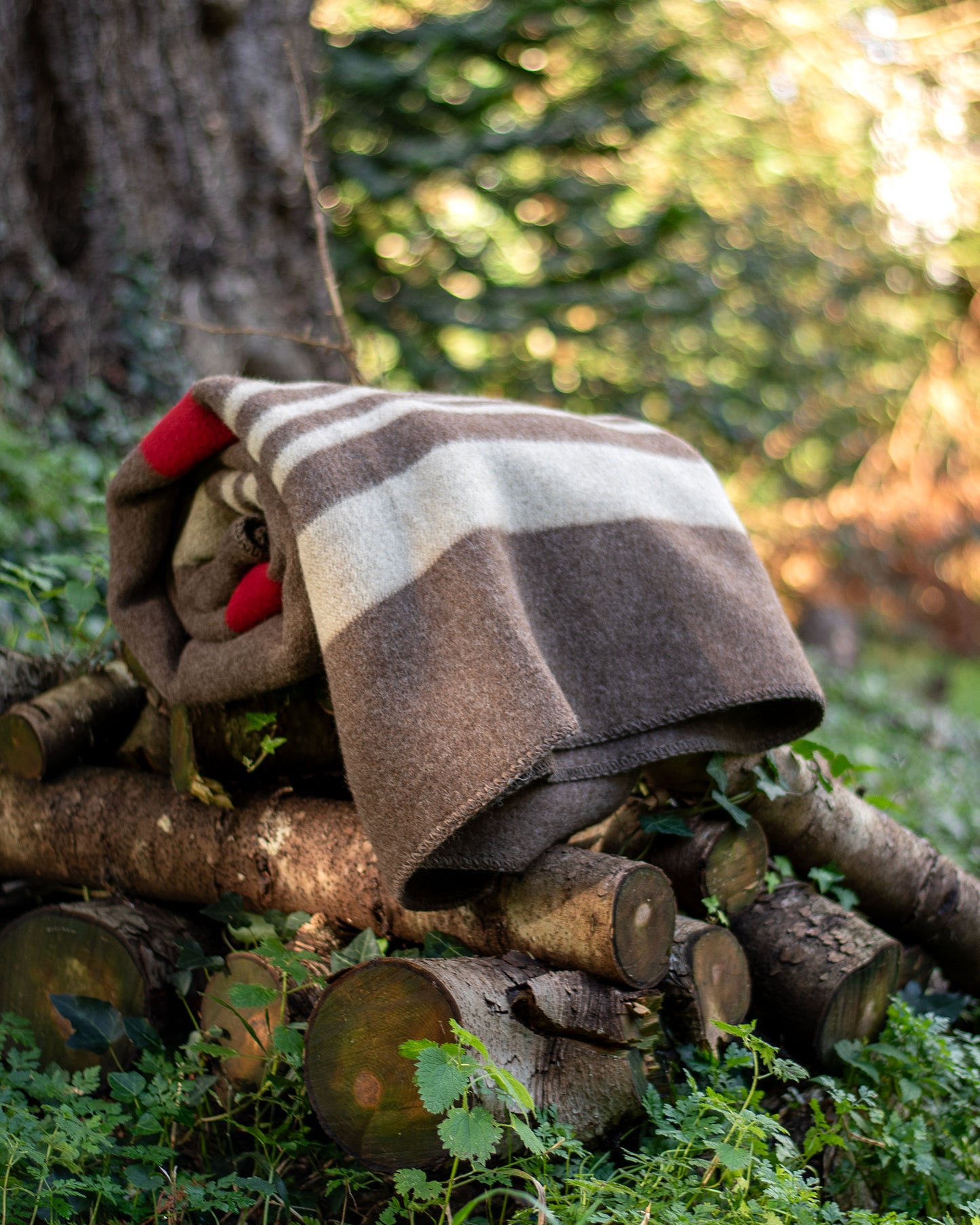 100% Wool Heavyweight Blanket - Natural Brown, Beige & Red Stripes
