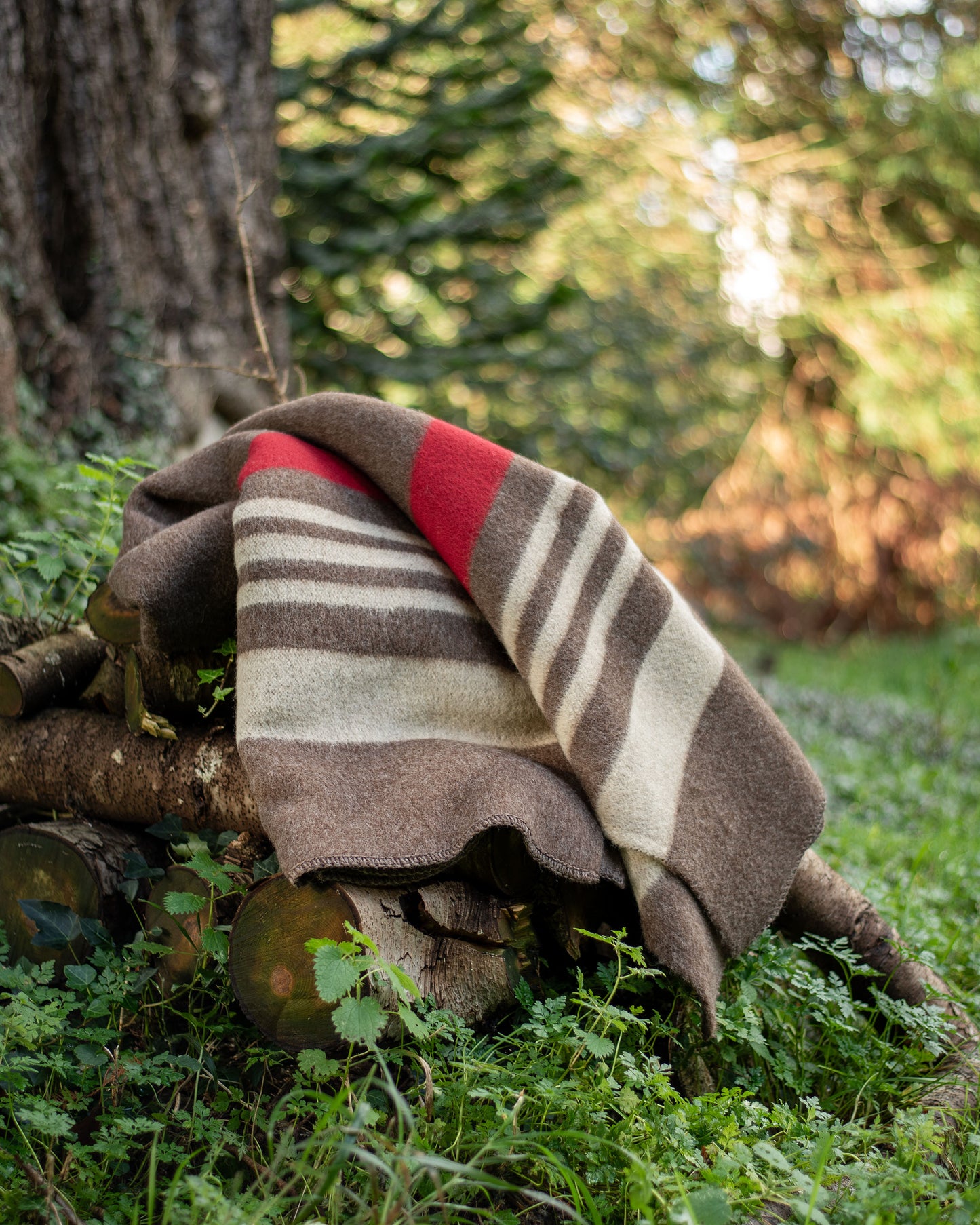 100% Wool Heavyweight Blanket - Natural Brown, Beige & Red Stripes