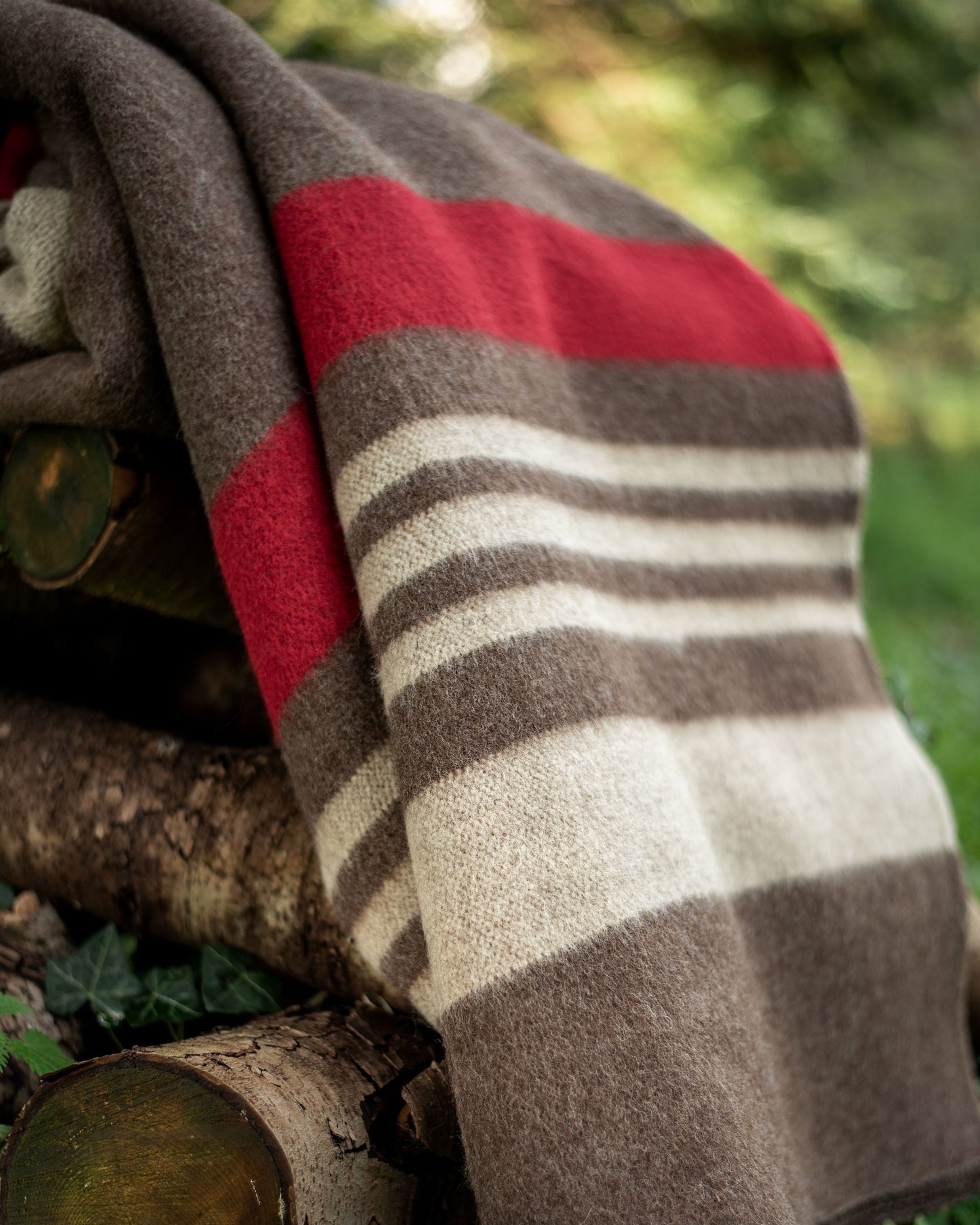 100% Wool Heavyweight Blanket - Natural Brown, Beige & Red Stripes