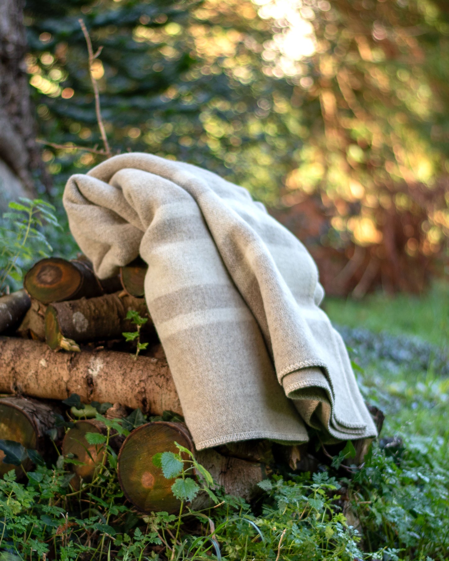 100% Wool Heavyweight Blanket - Natural Beige/White Stripes