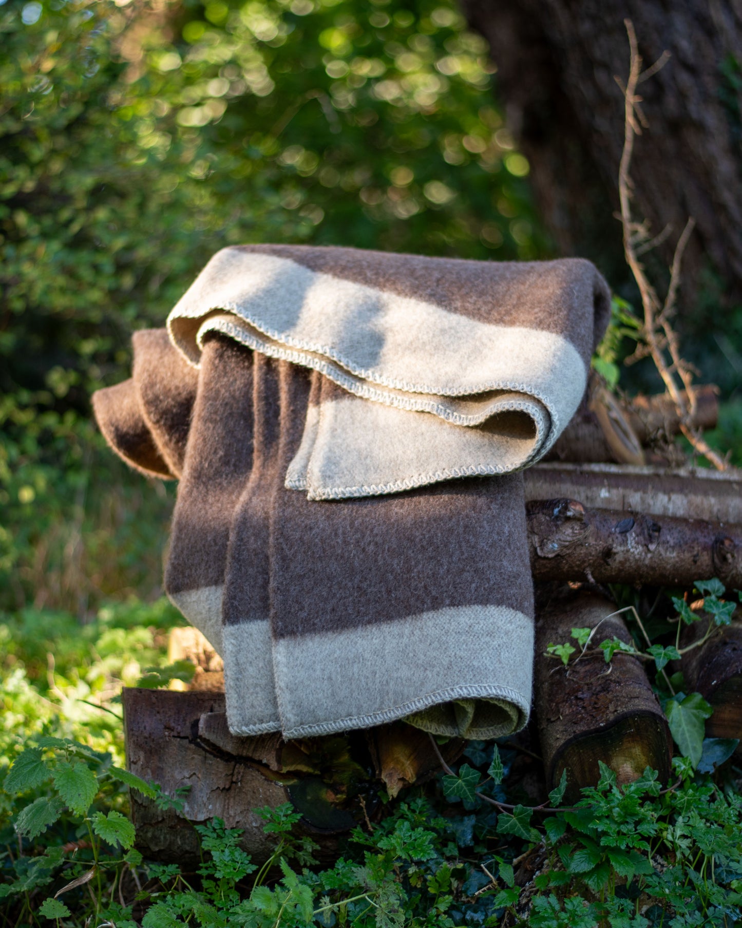 100% Wool Heavyweight Blanket - Natural Brown/Beige Stripes