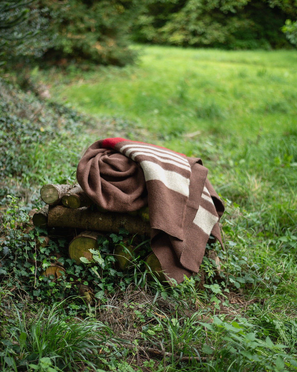100% Wool Heavyweight Blanket - Natural Brown, Beige & Red Stripes