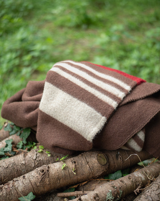 100% Wool Heavyweight Blanket - Natural Brown, Beige & Red Stripes