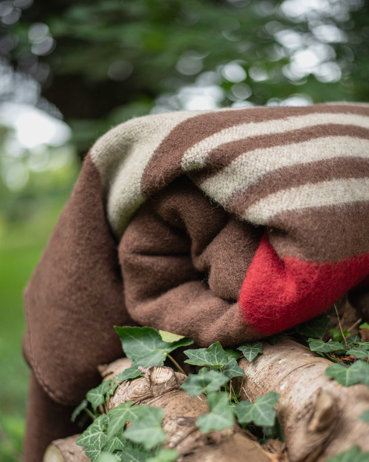100% Wool Heavyweight Blanket - Natural Brown, Beige & Red Stripes