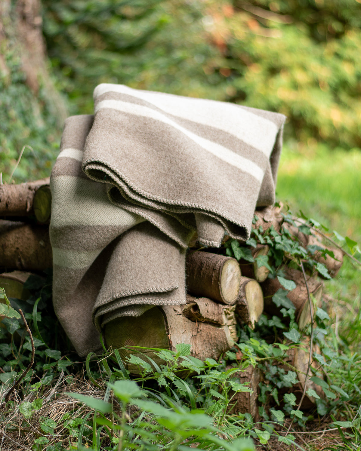 100% Wool Heavyweight Blanket - Natural Greige/White Stripes