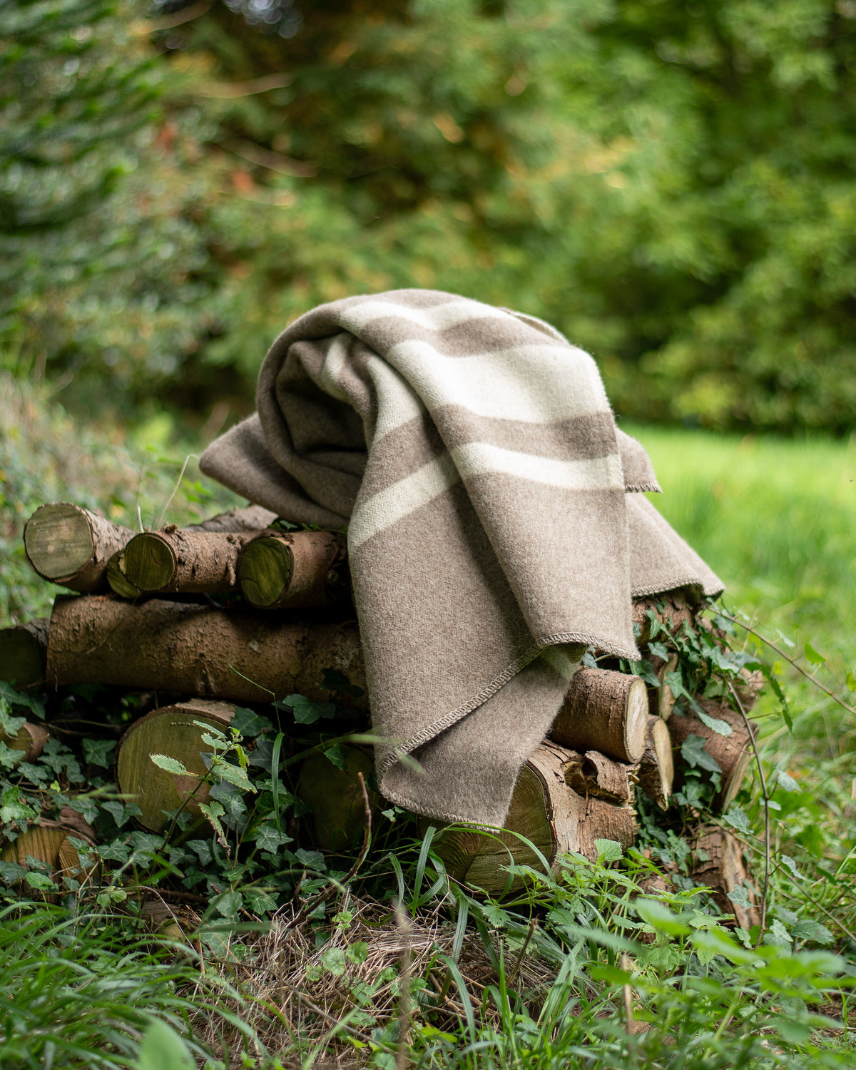 100% Wool Heavyweight Blanket - Natural Greige/White Stripes